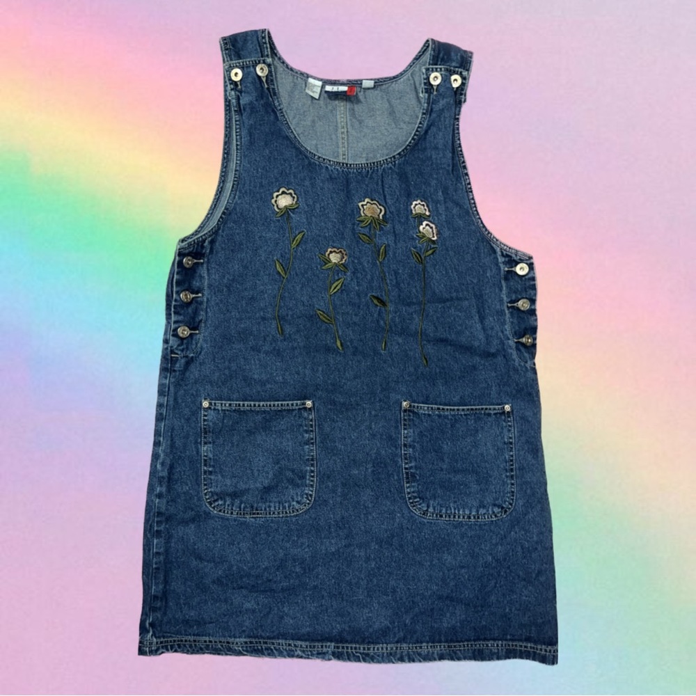 Vintage 90s Jean overall dress with makeup embroidered floral design